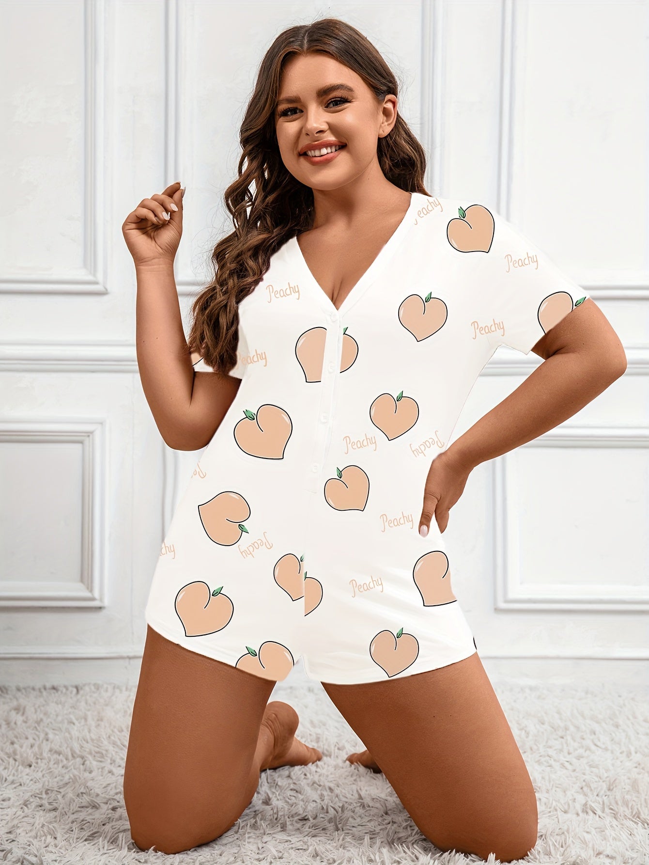 Pajama Romper Women's Plus Peach & Letter Print