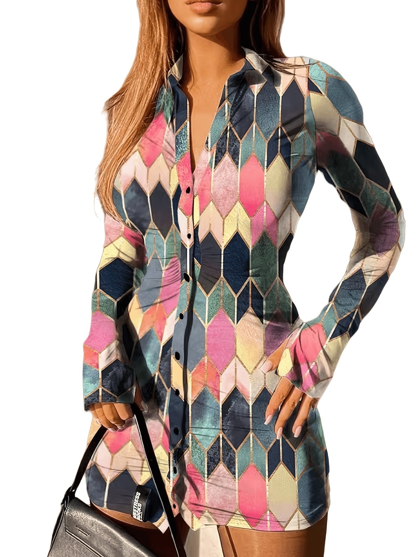 Argyle Print Shirt Dress Long Sleeve Mini Dress Women's Clothing