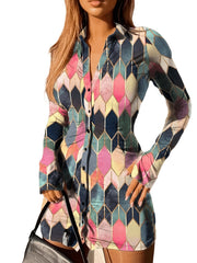 Argyle Print Shirt Dress Long Sleeve Mini Dress Women's Clothing