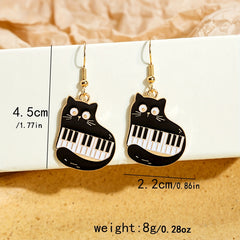 Cat Piano Enamel Dangle Earrings Silver Plated Jewelry Gift