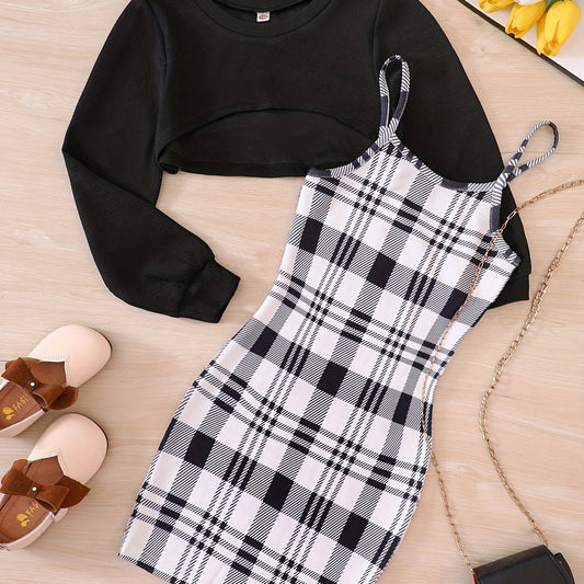 Girl's Plaid Sundress & Crop Sweatshirt Set for Spring Autumn