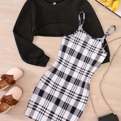 Girl's Plaid Sundress & Crop Sweatshirt Set for Spring Autumn