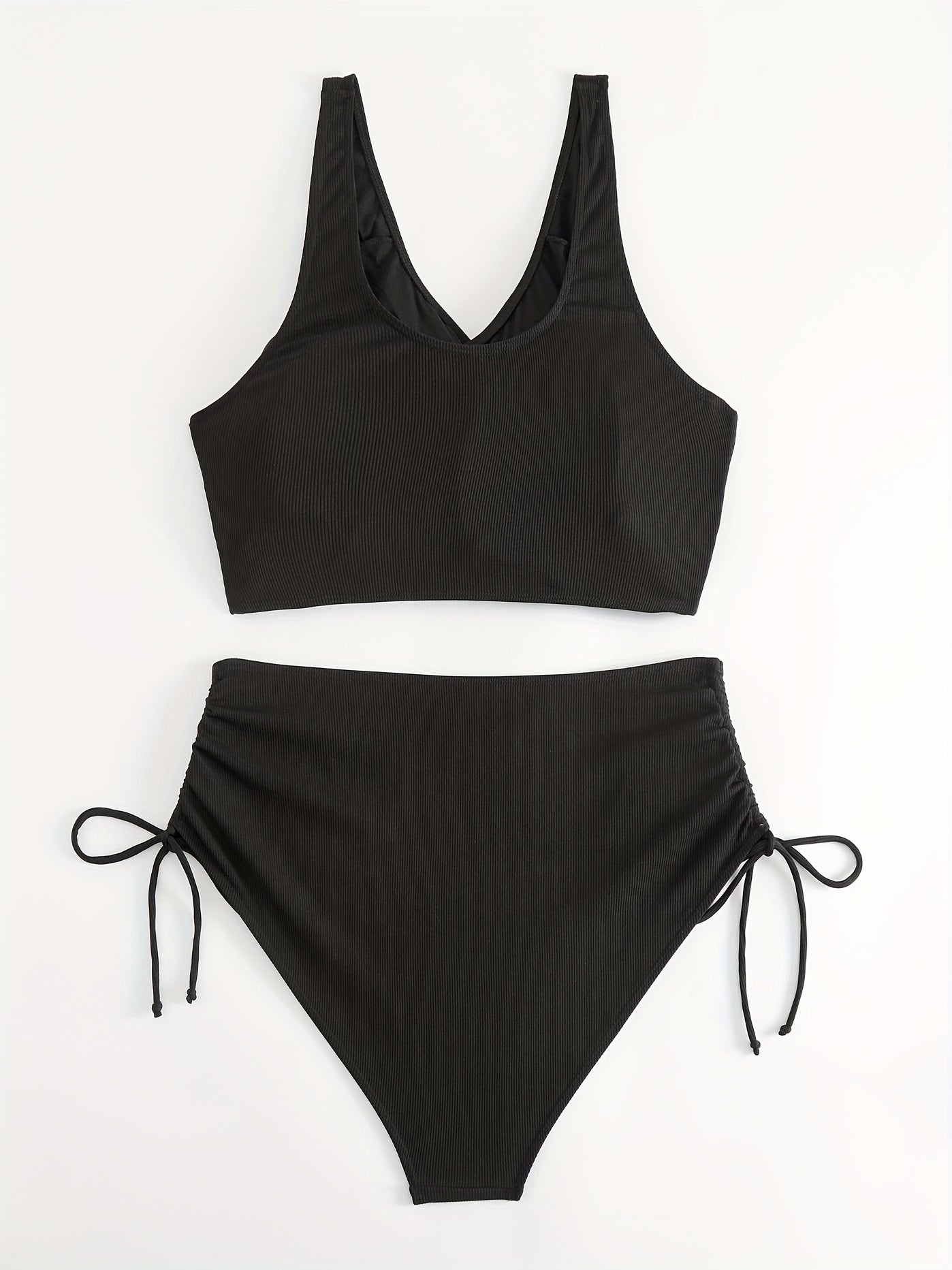 Solid Surplice Neck Crop Tank Top & Panty Swimsuit Set