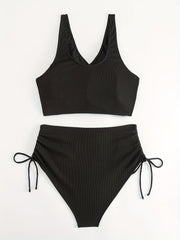 Solid Surplice Neck Crop Tank Top & Panty Swimsuit Set