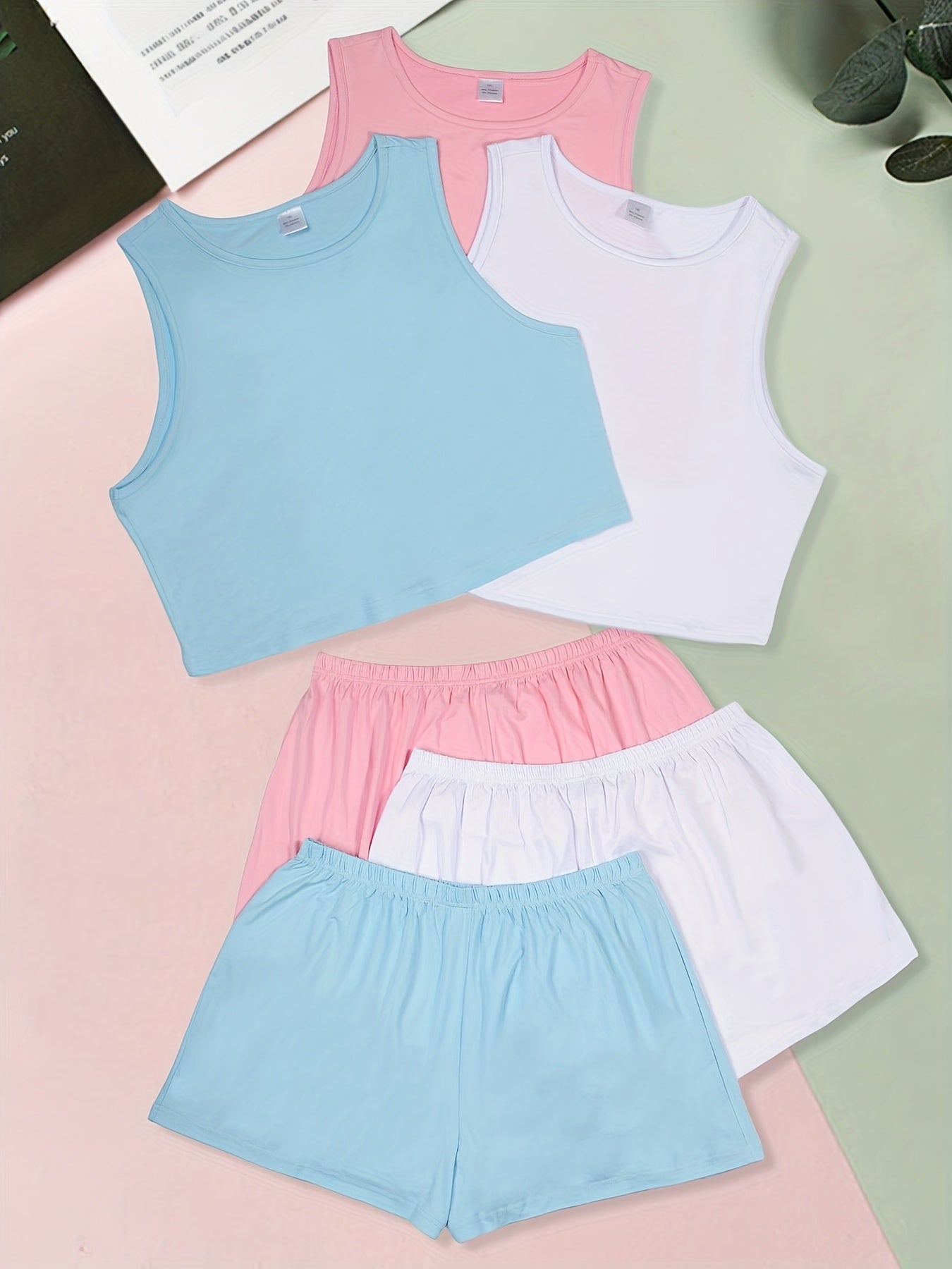 Basic Pajama Set Women's Solid Round Neck Stretch Tank Top & Shorts