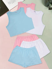Basic Pajama Set Women's Solid Round Neck Stretch Tank Top & Shorts
