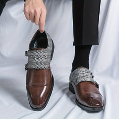 Men's Double Monk Strap Slip On Loafers Herringbone Pattern Loafers