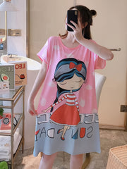 Cartoon Print Loose Sleep Dress & Short Sleeve Women's Loungewear