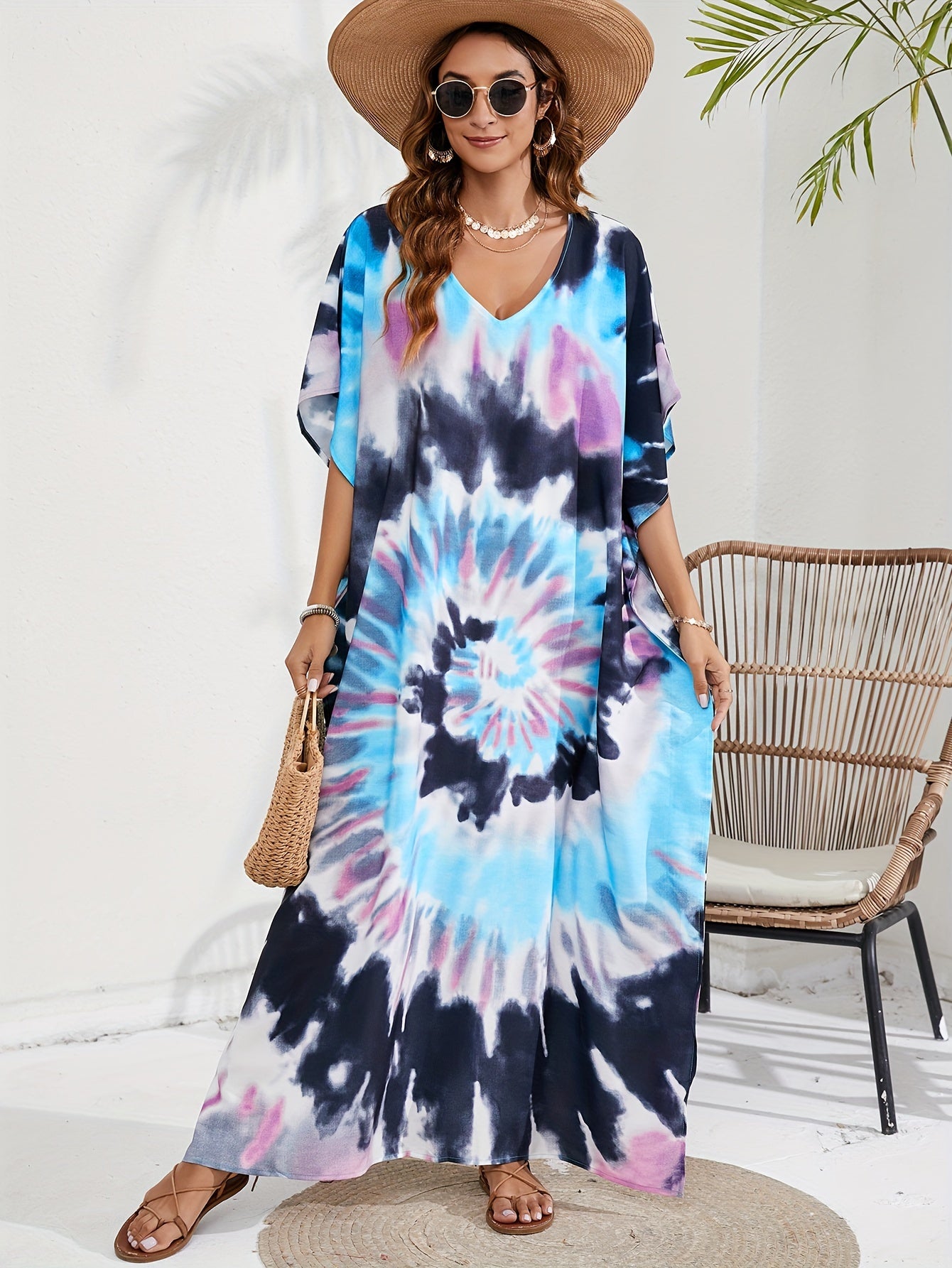 Boho Cover Up Women's Plus Spiral Tie Dye Batwing Sleeve