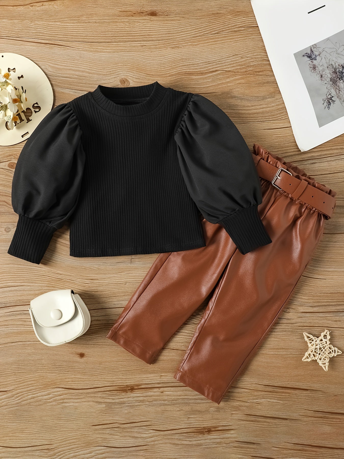 2pcs Baby Girls Ribbed Top & Leather Pants Set Kids Clothes
