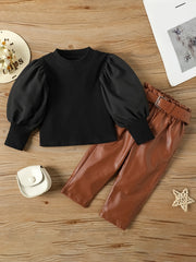 2pcs Baby Girls Ribbed Top & Leather Pants Set Kids Clothes