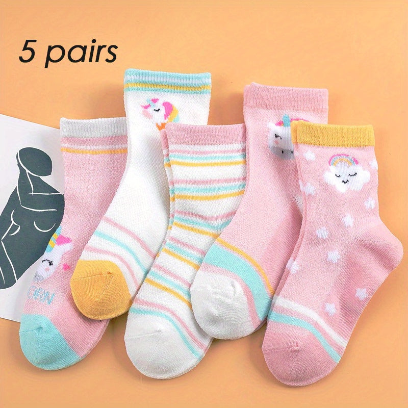 5 Pairs Princess Style Girls Socks, Rainbow Colorful Cloud Horses Mesh