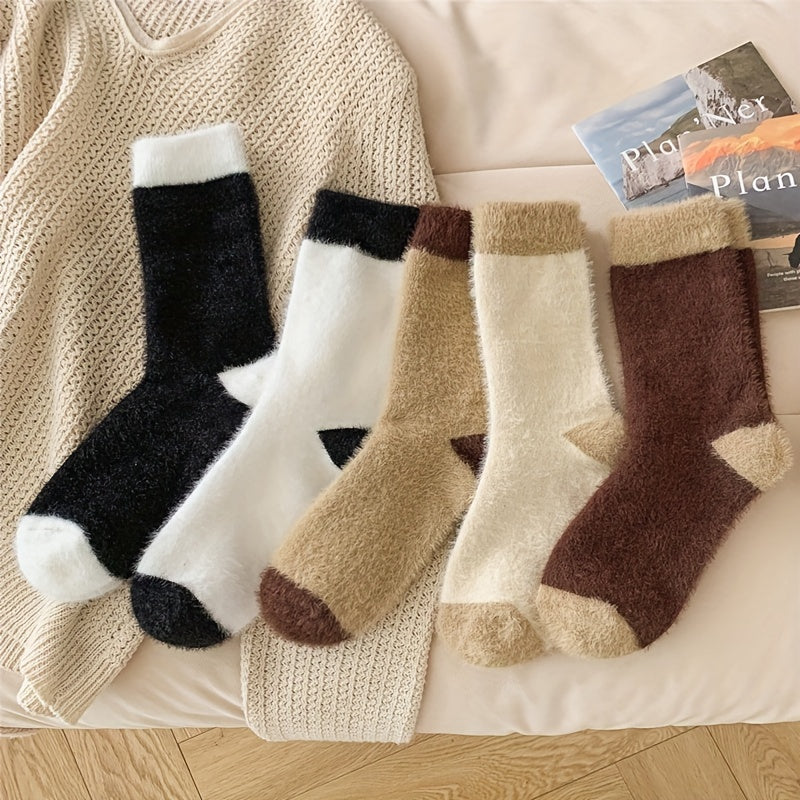 5 Pairs Fuzzy Colorblock Socks Cozy Warm Mid Tube Stockings