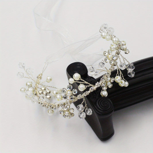 Faux Pearl Rhinestone Wristband Mesh Ribbon Bridal Wedding Accessory