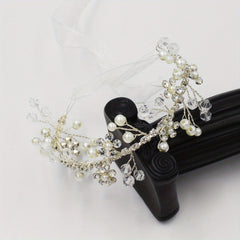 Faux Pearl Rhinestone Wristband Mesh Ribbon Bridal Wedding Accessory