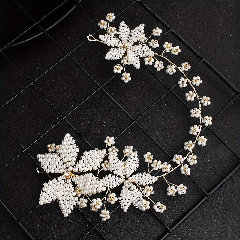 Pearl Tiara Braided Flower Headband Wedding Accessories