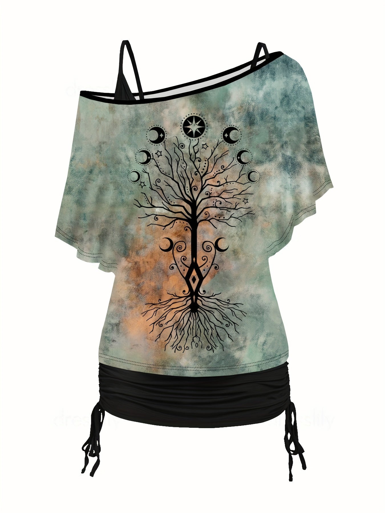 Plant Print 2 Piece Set Cold Shoulder & Ruched Cami Outfits