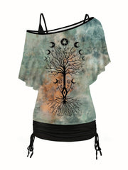 Plant Print 2 Piece Set Cold Shoulder & Ruched Cami Outfits