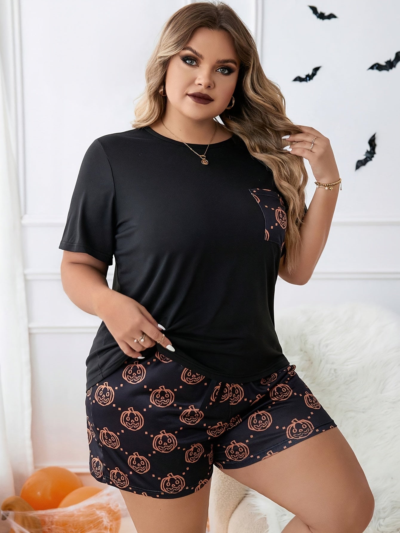 Pumpkin Print Gothic Pajamas Set - 2 Piece Home Wear Set
