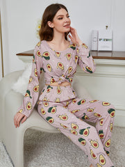 Cartoon Avocado Pattern Pajama Set Long Sleeve Round Neck Tops & Pants