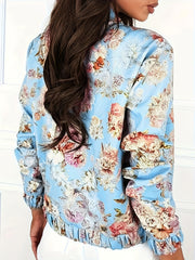 Floral Print Zipper Jacket Long Sleeve Casual Elastic Trim Women's Clothing