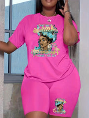Figure Print Two piece Set Casual Short Sleeve T shirt & Skinny Shorts Outfits
