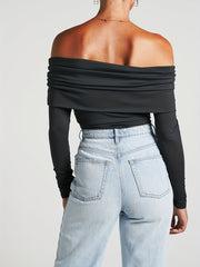 Solid Foldover Bodysuit Off Shoulder Long Sleeve