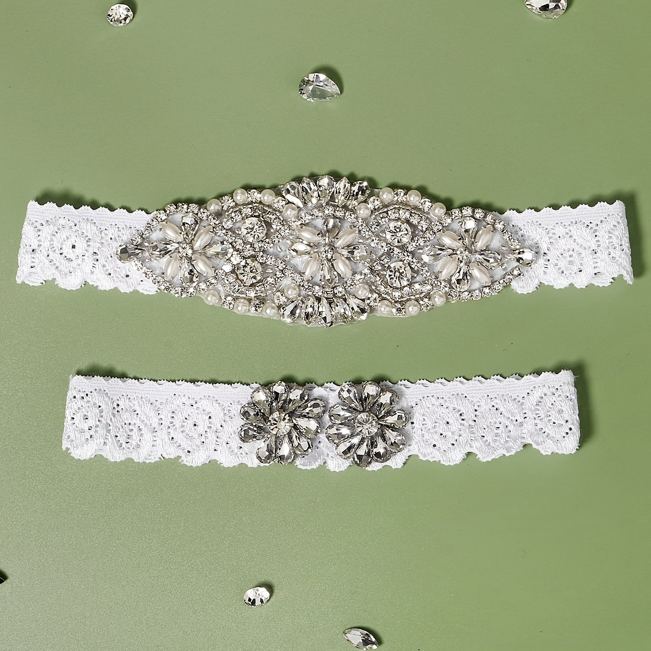 Stretch Lace Bridal Garter Sets With Rhinestones & Faux Pearl - 2pcs set