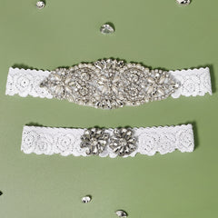 Stretch Lace Bridal Garter Sets With Rhinestones & Faux Pearl - 2pcs set