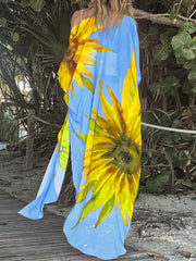 Sunflower Pattern Swimsuit Cover Up V Neck Beachwear