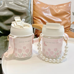 400ml Handheld Water Cup Tulip Printed Cover Leakproof Glass Cup