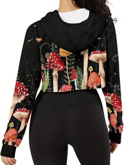 Women's Cropped Long Sleeve Mushroom Print Hoodie