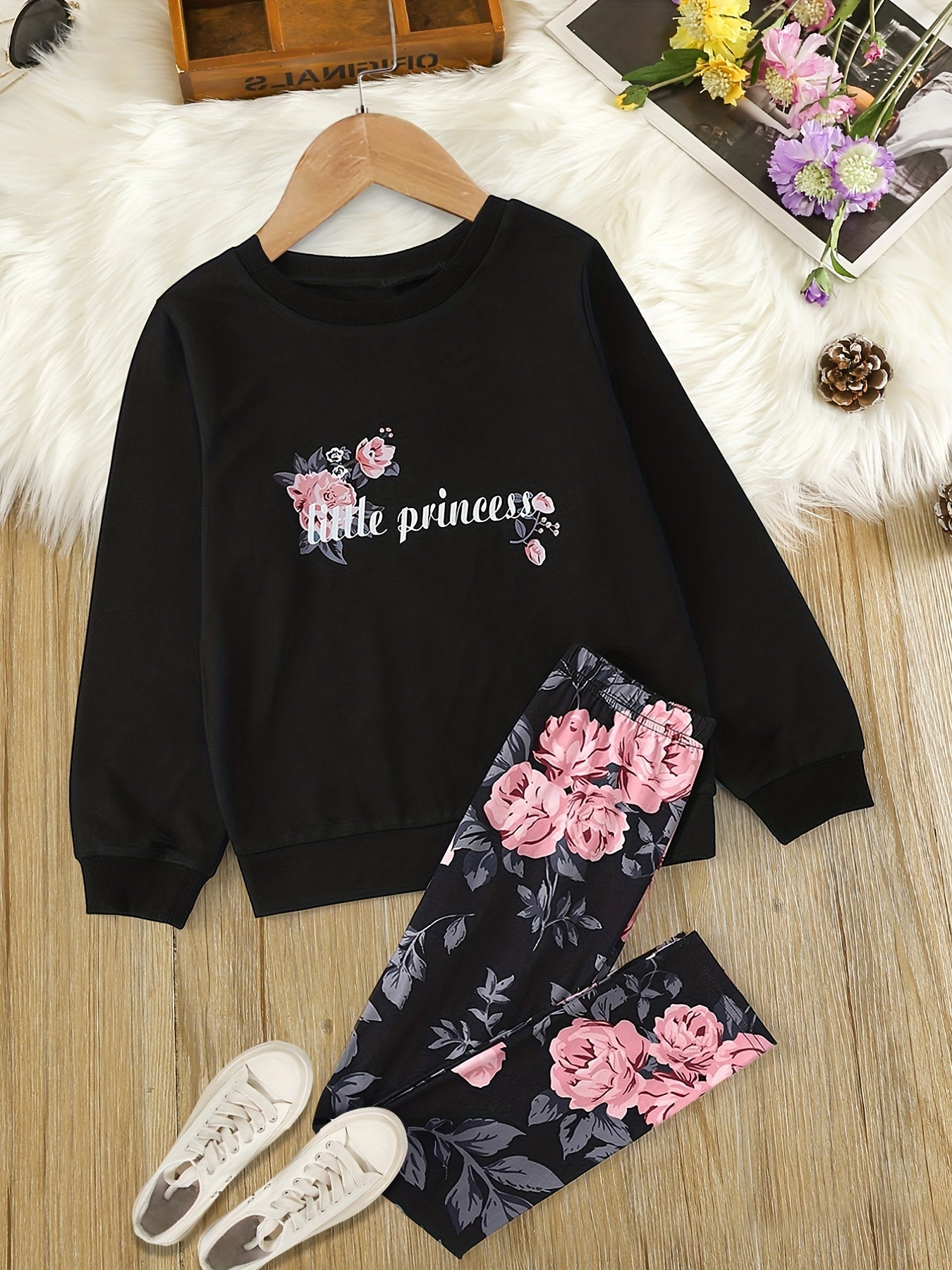 Girl's Floral Pattern 2pcs Sweatshirt & Leggings Set LITTLE PRINCESS Print