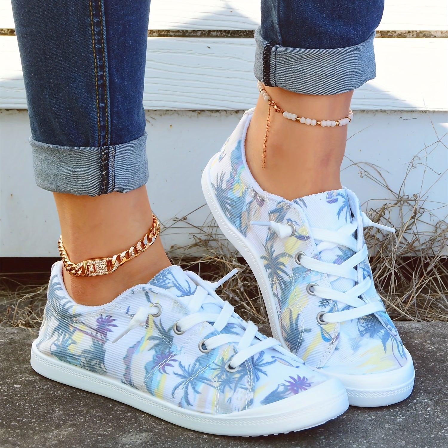 Coconut Tree Printed Canvas Lace Up Sneakers Lightweight Walking Shoes