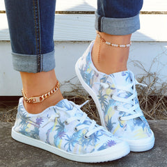Coconut Tree Printed Canvas Lace Up Sneakers Lightweight Walking Shoes