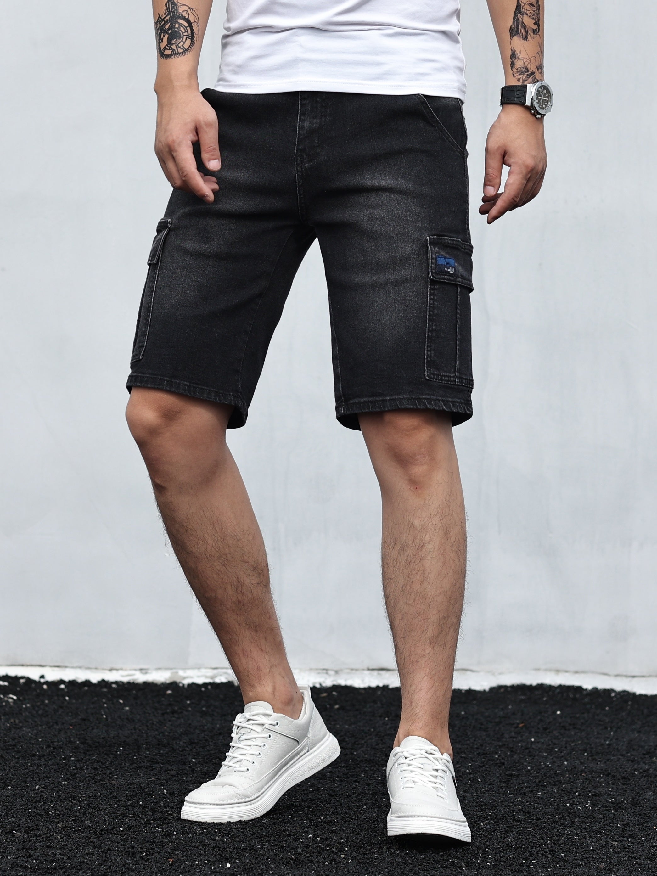 Men's Cargo Denim Shorts Stretch Waist Drawstring Outdoor