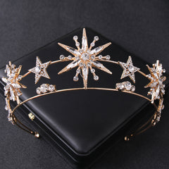 Vintage Star Wedding Crown Tiaras Golden Rhinestone Hair Jewelry