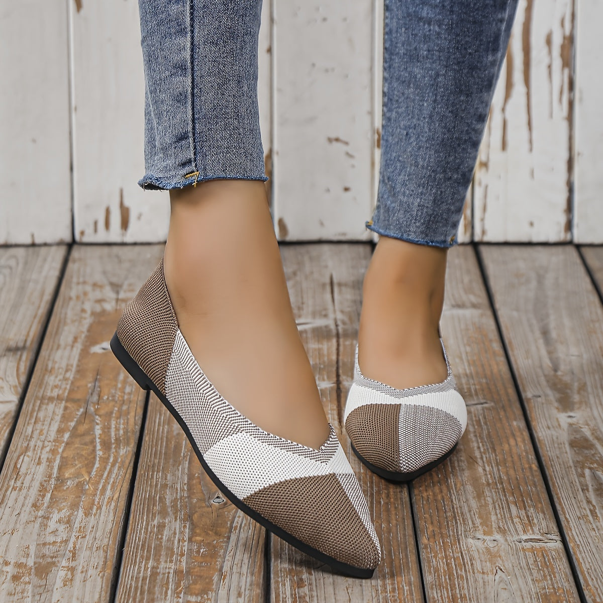 Colorblock Knit Flat Shoes Pointed Toe Slip On Flats