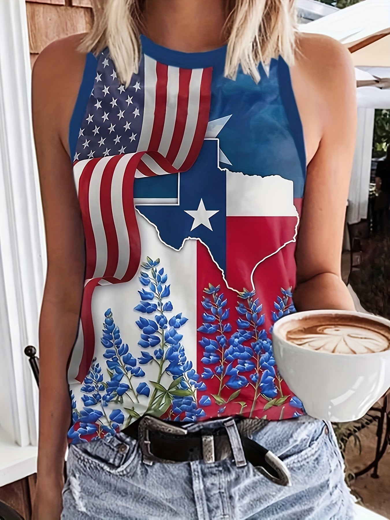 Independence Casual Tank Top Women's Plus Flag & Floral Print
