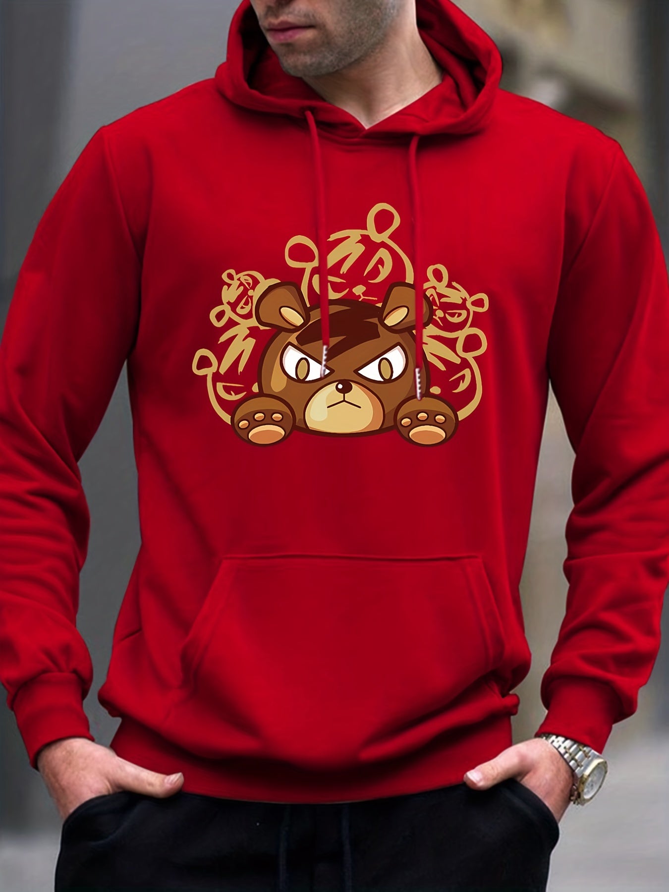 Cartoon Bear Print Hoodie for Men Casual Graphic Pullover Hooded Sweatshirt