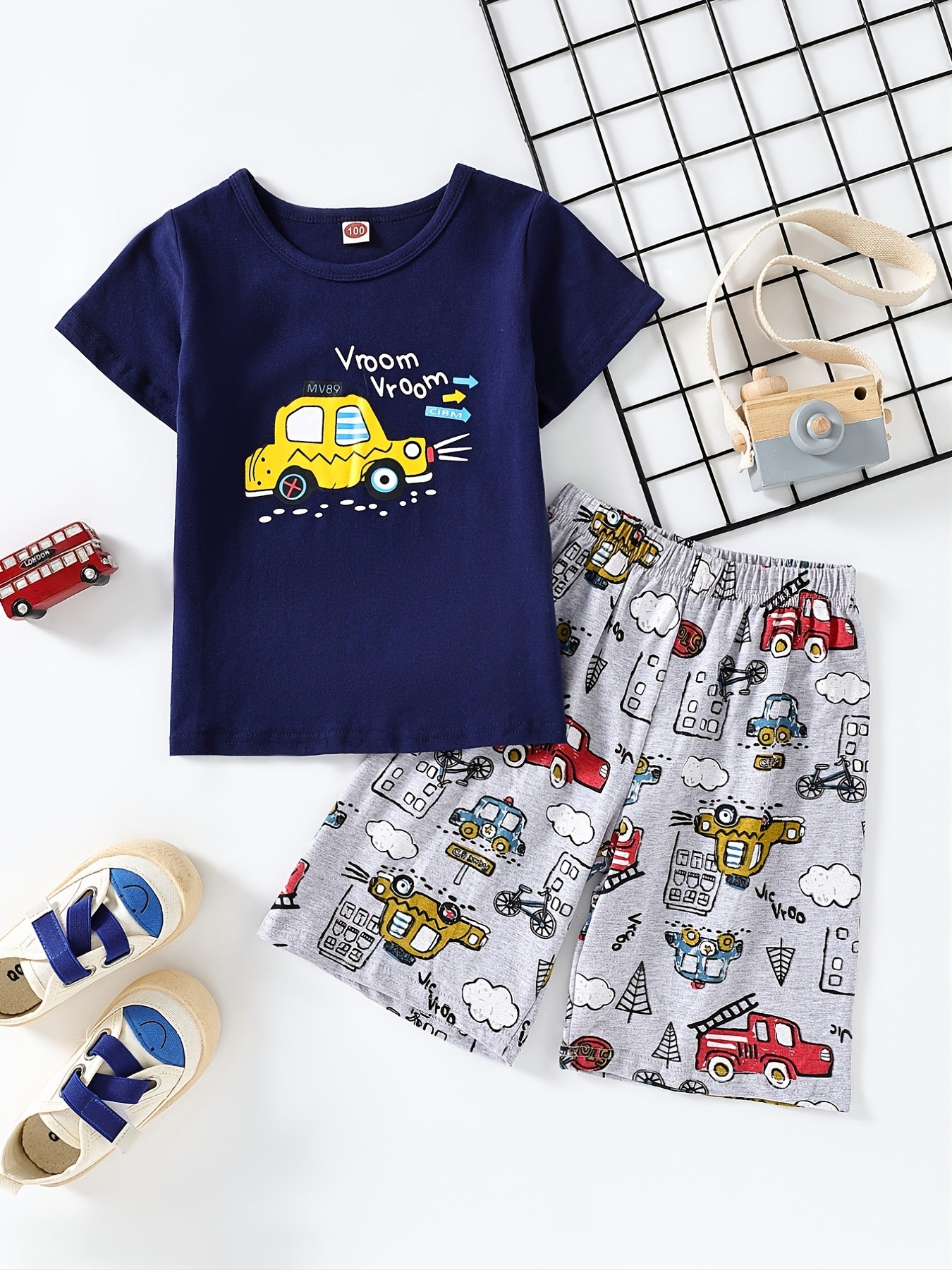 Boys Cartoon Car Print T Shirt & Shorts Set Kids Summer Clothes