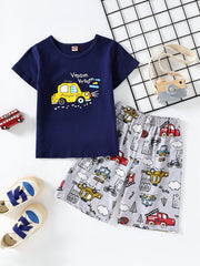 Boys Cartoon Car Print T Shirt & Shorts Set Kids Summer Clothes