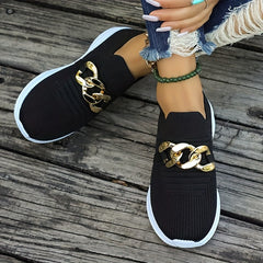 Woven Slip-On Sneakers with Chain Decor Women's Casual Shoes