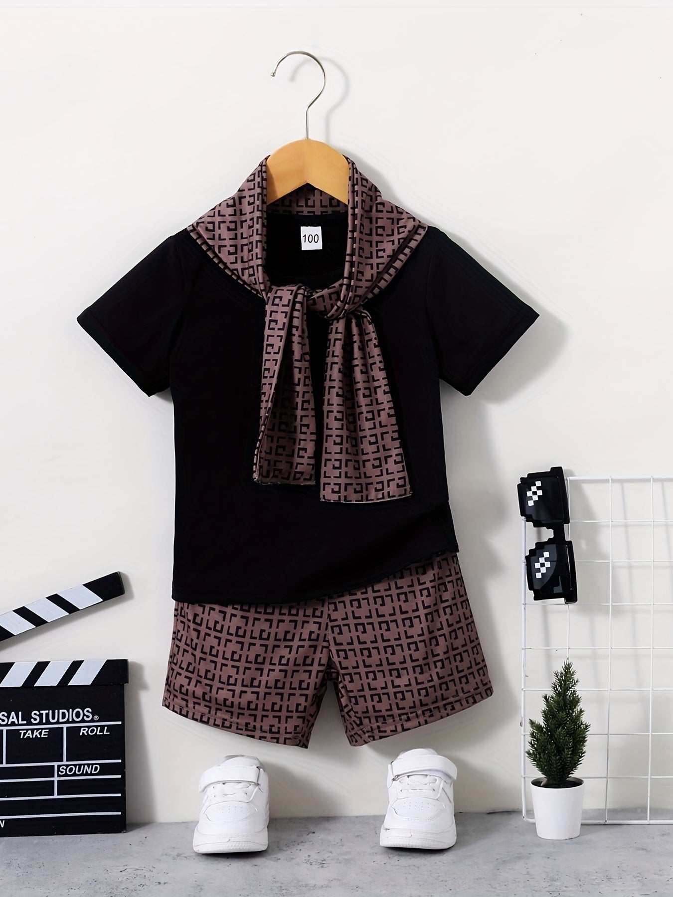 3pcs Boys Casual Short Sleeve T shirt & Shorts & Scarf Set Summer Kids Clothes
