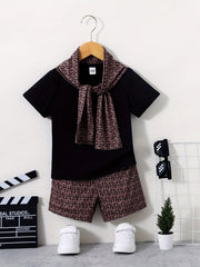 3pcs Boys Casual Short Sleeve T shirt & Shorts & Scarf Set Summer Kids Clothes
