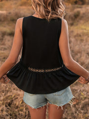 Lace Tank Top Short Sleeve Crew Neck Solid Contrast Casual