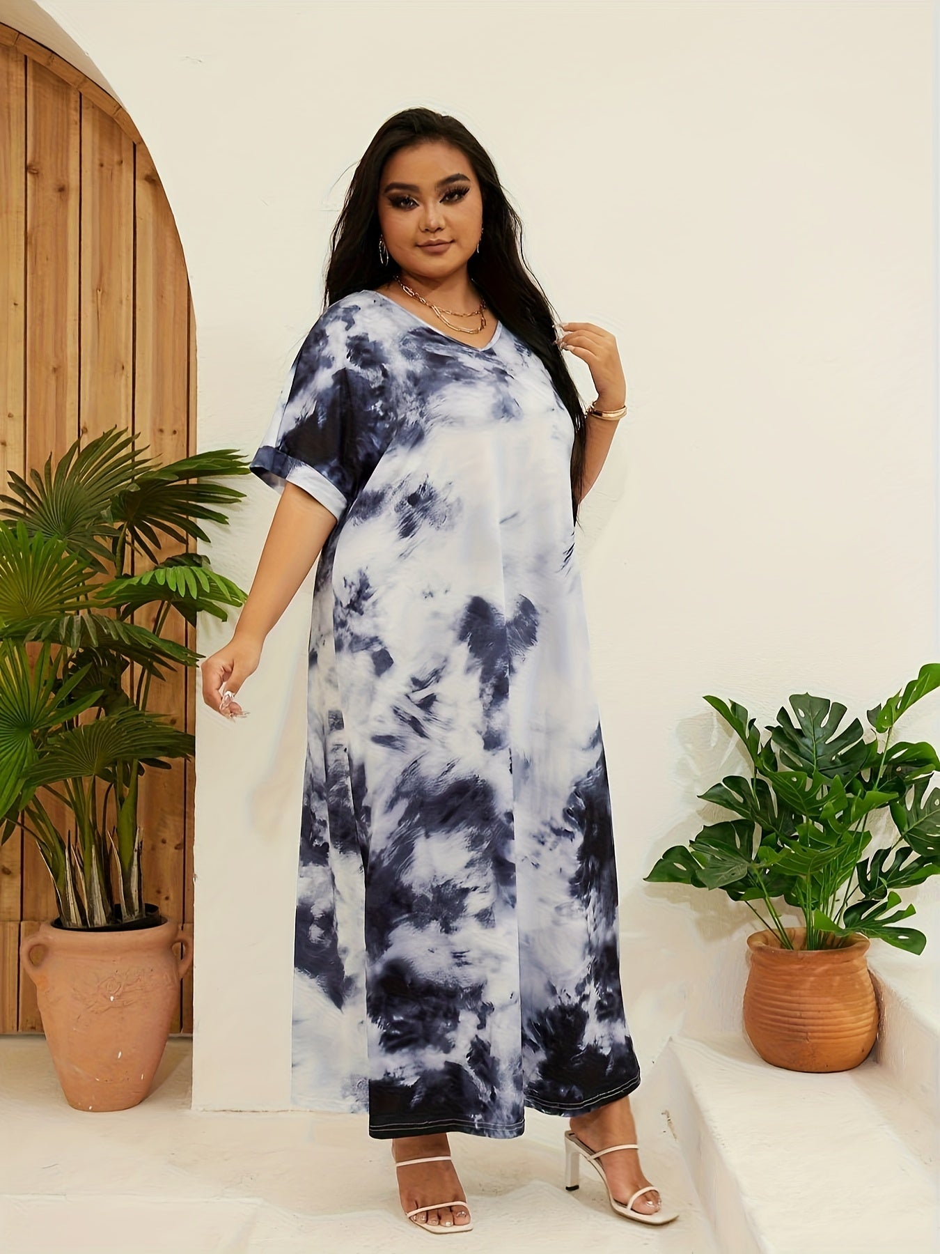 Tie Dye Short Sleeve Nightdress V Neck Loose Sleep Dress