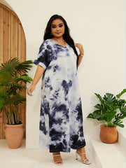 Tie Dye Short Sleeve Nightdress V Neck Loose Sleep Dress