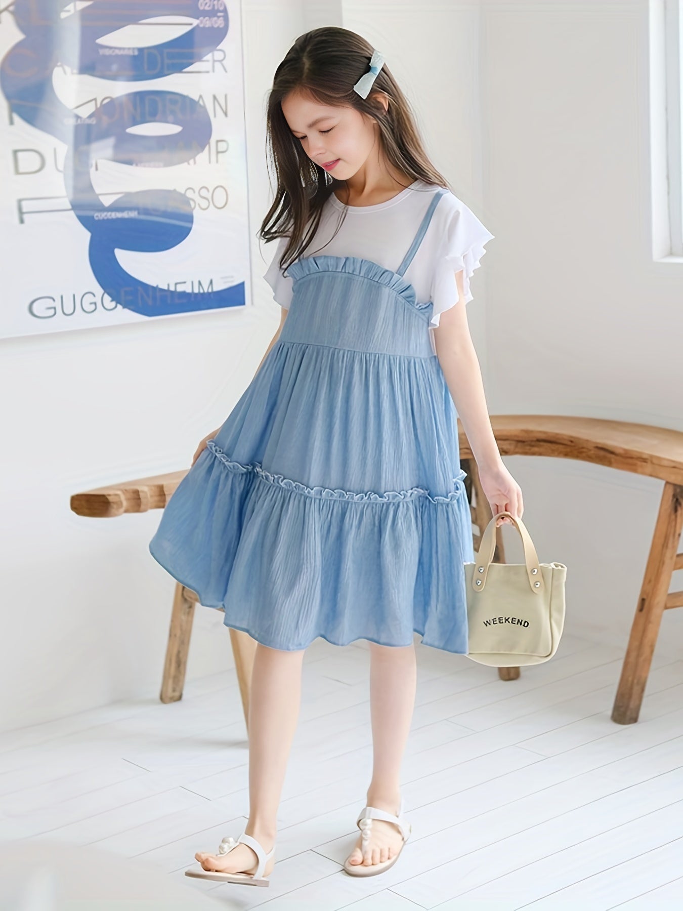 Girl's Cotton Suspenders Skirt Butterfly Sleeves T Shirt Pleated Skirt
