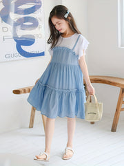 Girl's Cotton Suspenders Skirt Butterfly Sleeves T Shirt Pleated Skirt